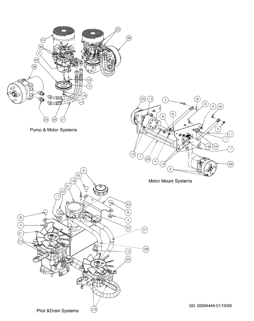 Hydro Hose And Pump Assembly Diagram and Parts List for M54-KH (53AH8CT4050-27HP-OHV)(2009 & Before) Cub Cadet Lawn Tractor